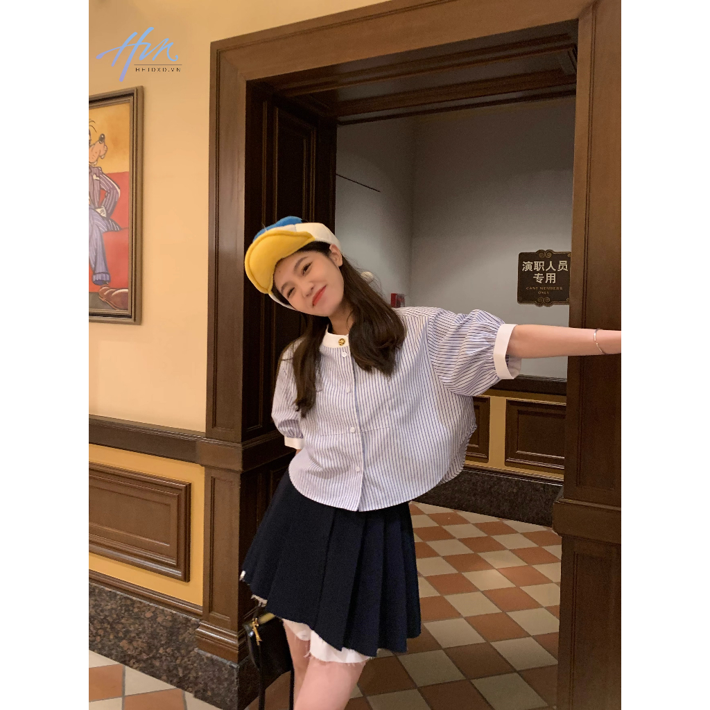 Áo Sơ Mi Tay Ngắn Họa Tiết Sọc Thời Trang Hàn Quốc Dễ Phối Đồ Cho Nữ