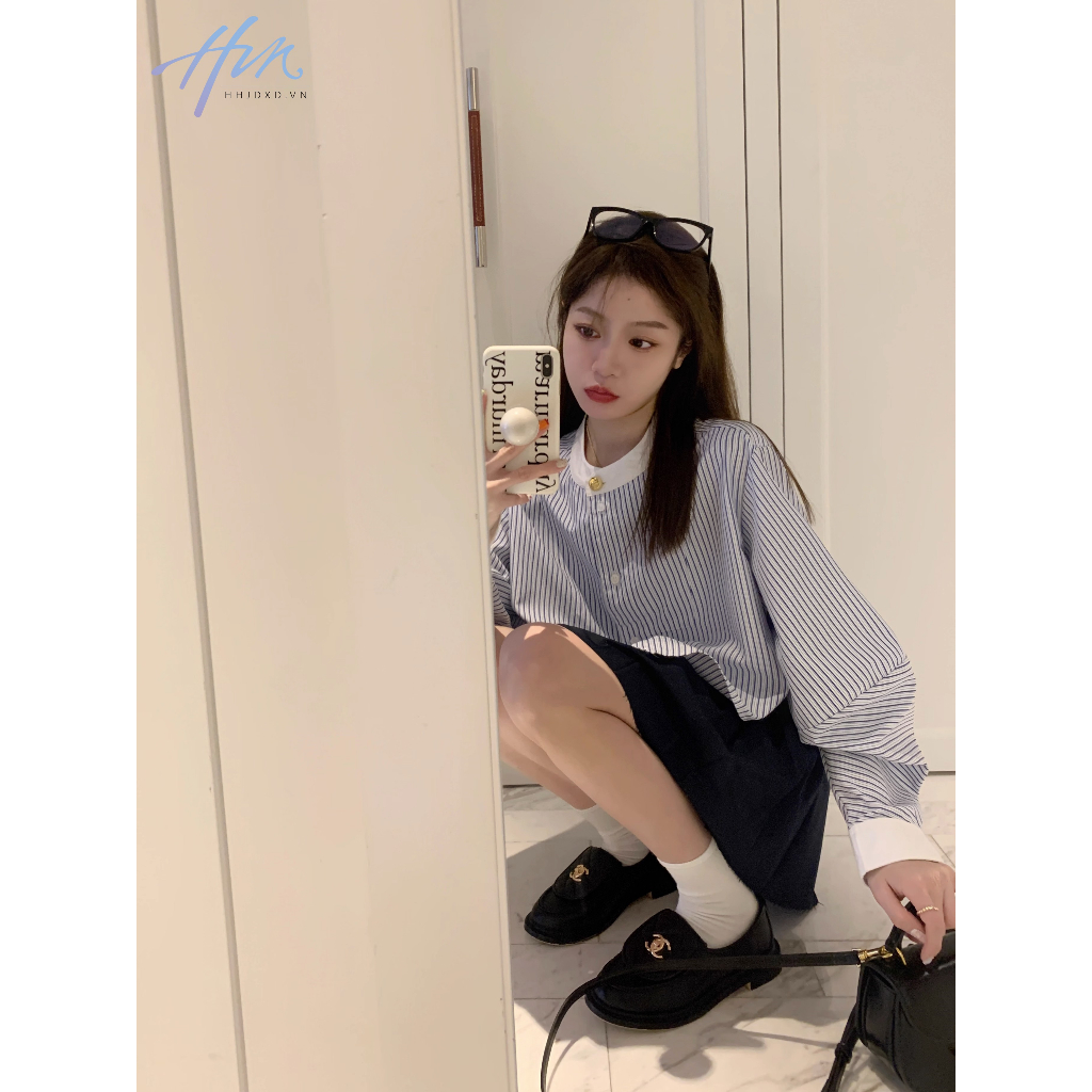 Áo Sơ Mi Tay Ngắn Họa Tiết Sọc Thời Trang Hàn Quốc Dễ Phối Đồ Cho Nữ