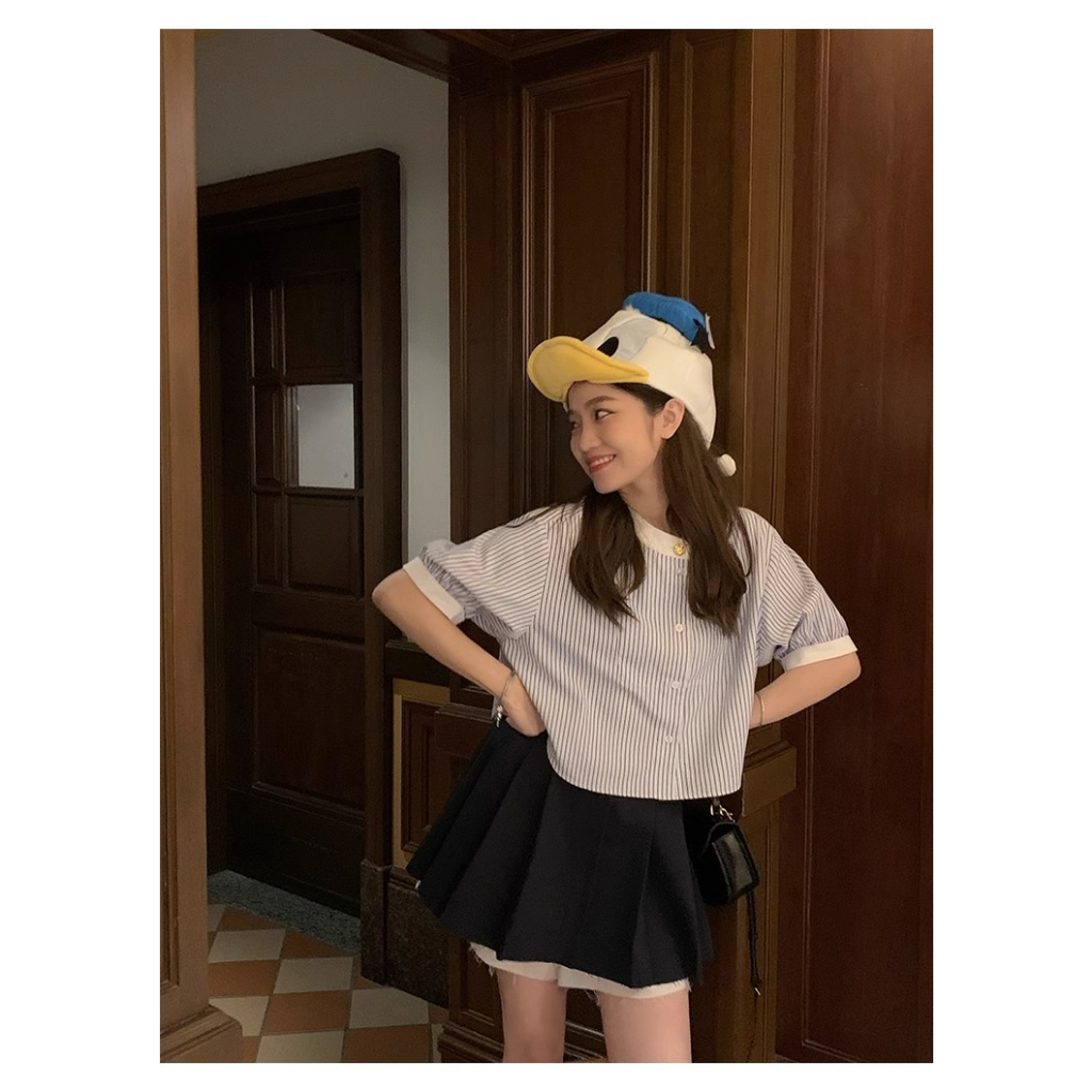 Áo Sơ Mi Tay Ngắn Họa Tiết Sọc Thời Trang Hàn Quốc Dễ Phối Đồ Cho Nữ
