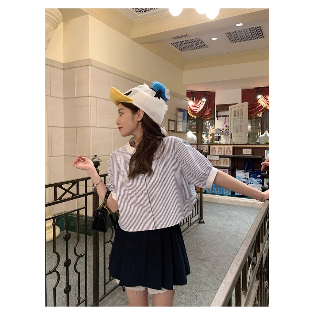 Áo Sơ Mi Tay Ngắn Họa Tiết Sọc Thời Trang Hàn Quốc Dễ Phối Đồ Cho Nữ