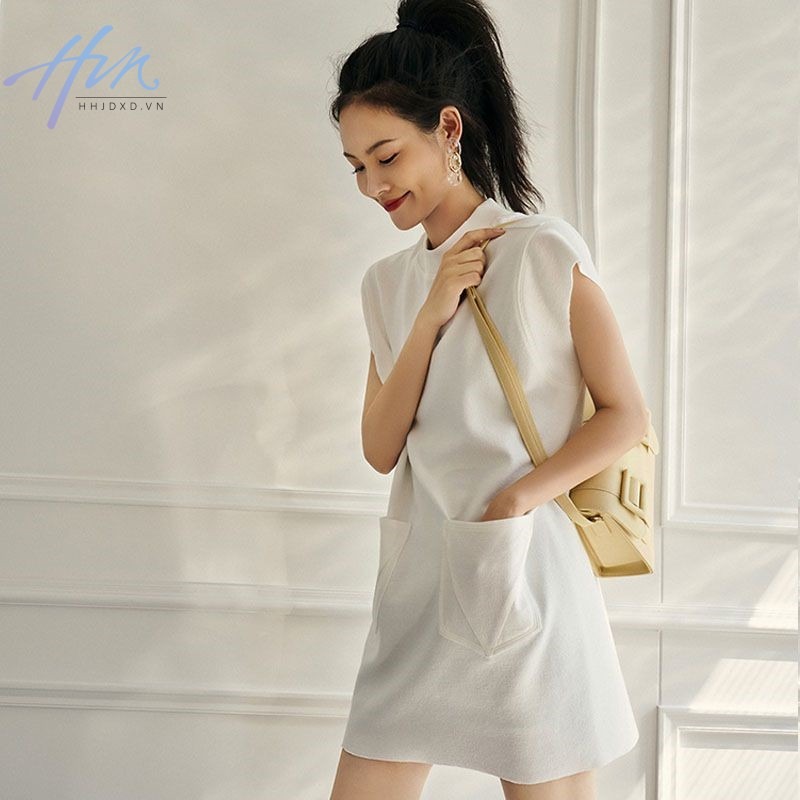 Đầm Thun Sát Nách Cổ Tròn Dáng Rộng Phối Túi Lớn Thời Trang Pháp Trẻ Trung