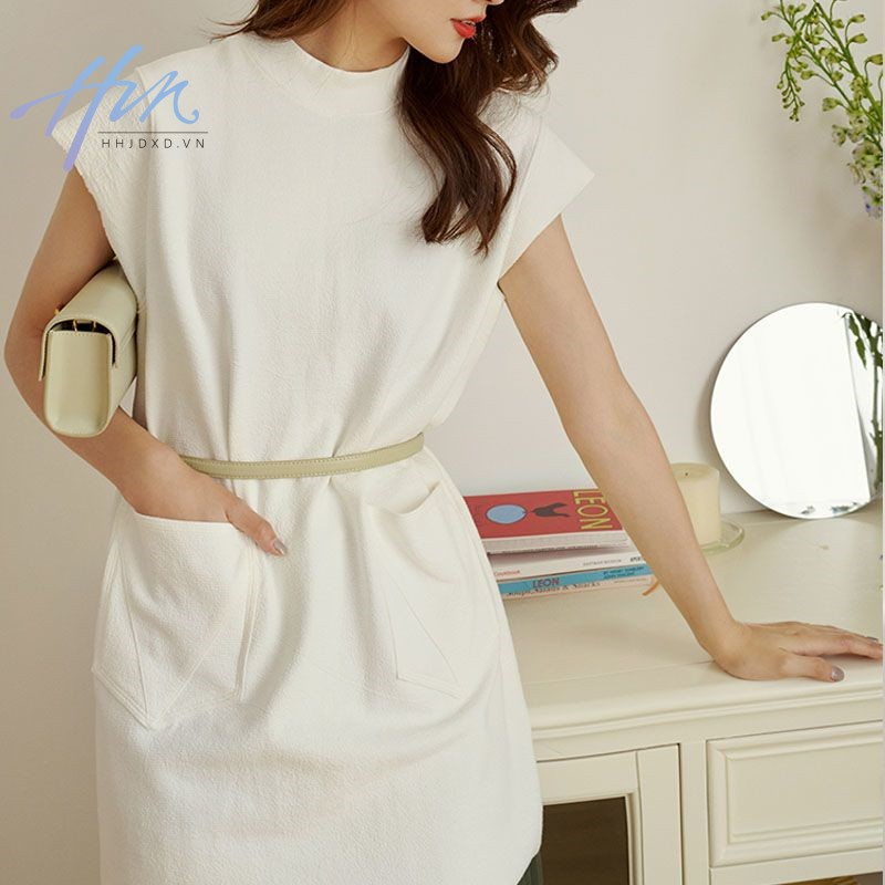 Đầm Thun Sát Nách Cổ Tròn Dáng Rộng Phối Túi Lớn Thời Trang Pháp Trẻ Trung