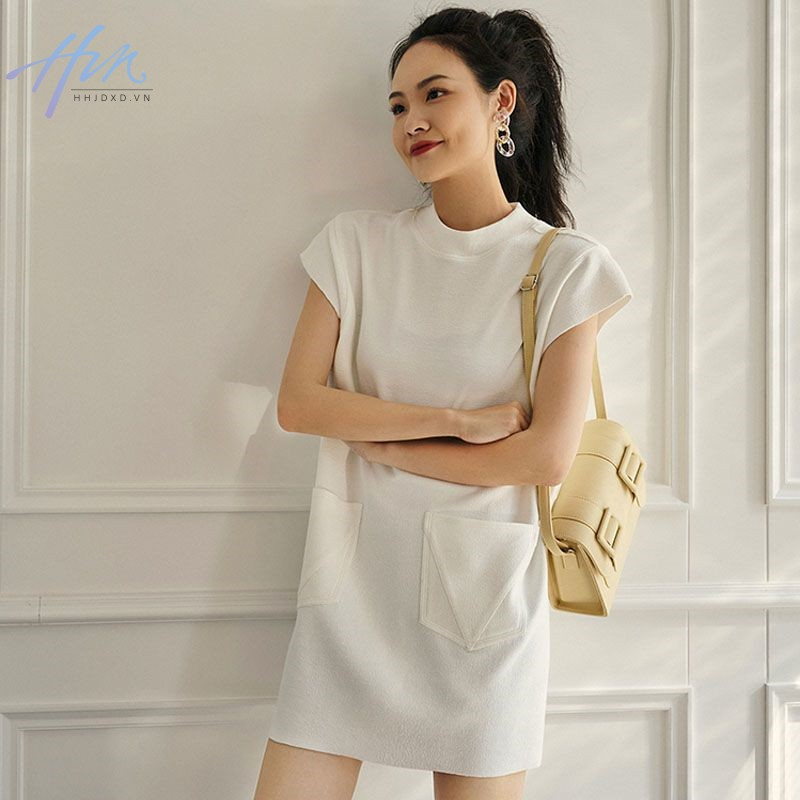 Đầm Thun Sát Nách Cổ Tròn Dáng Rộng Phối Túi Lớn Thời Trang Pháp Trẻ Trung