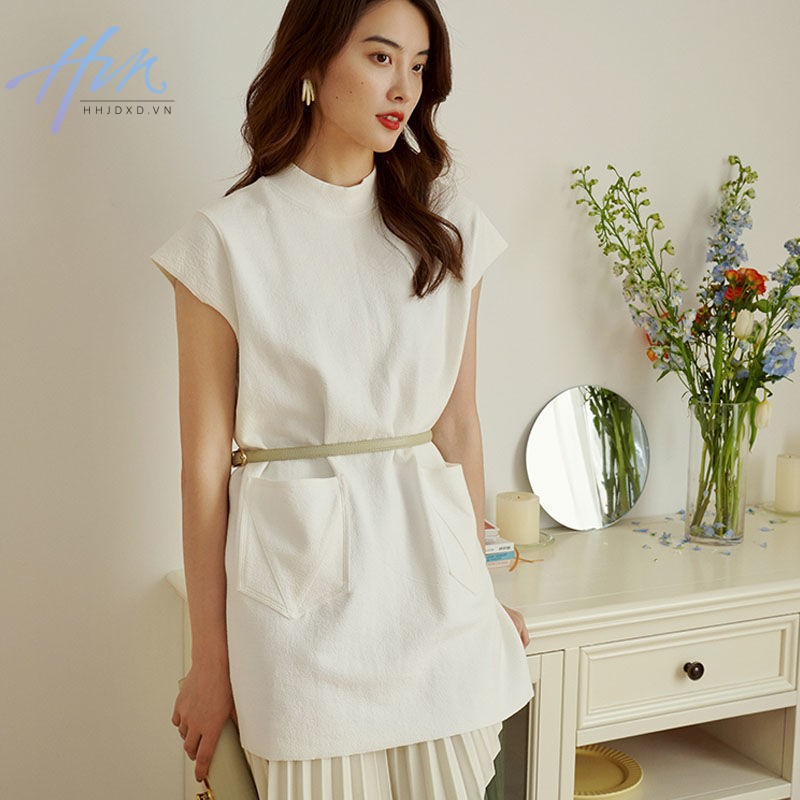 Đầm Thun Sát Nách Cổ Tròn Dáng Rộng Phối Túi Lớn Thời Trang Pháp Trẻ Trung