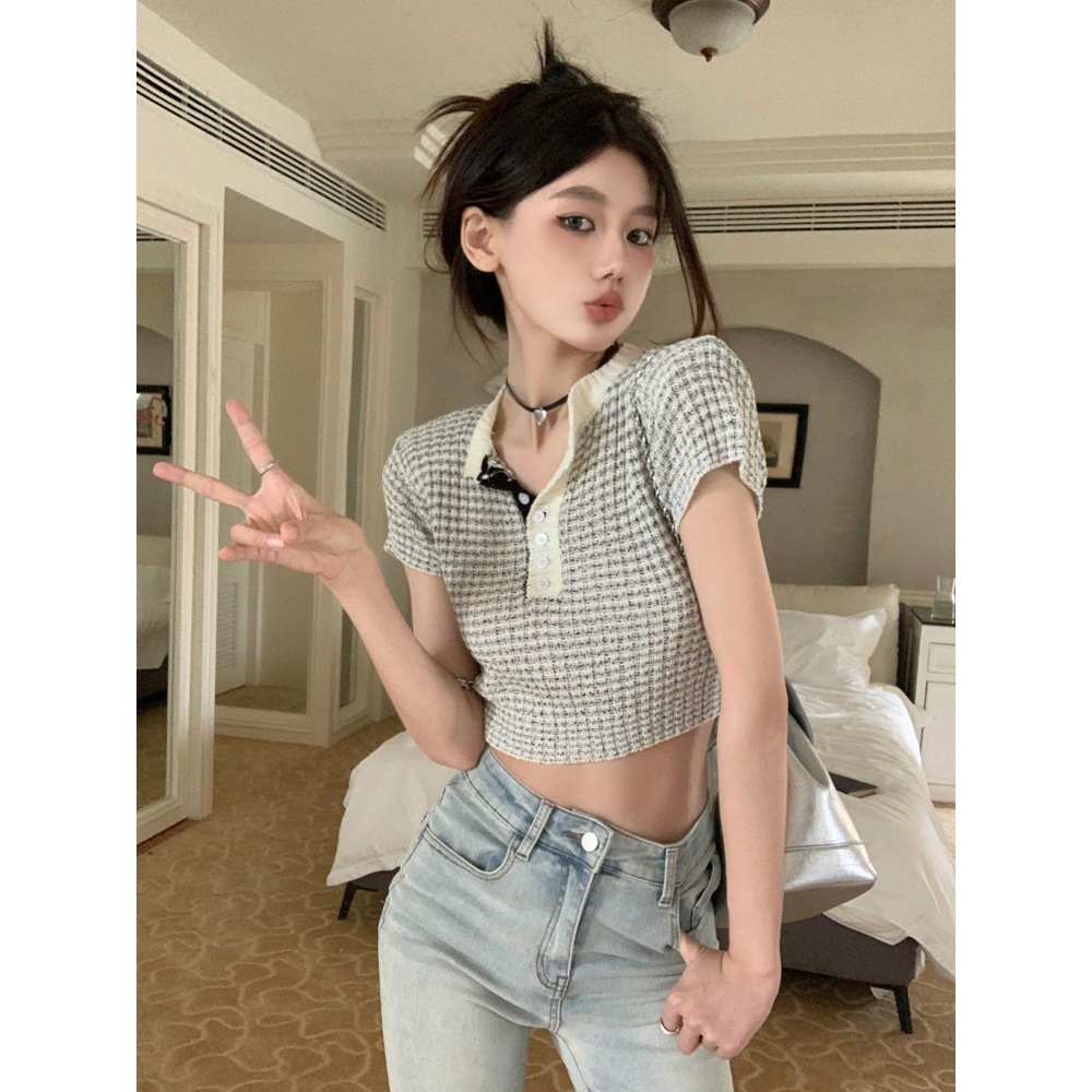 Áo Thun Dệt Kim Tay Ngắn Dáng Ôm Họa Tiết Kẻ Sọc Thời Trang Cho Nữ