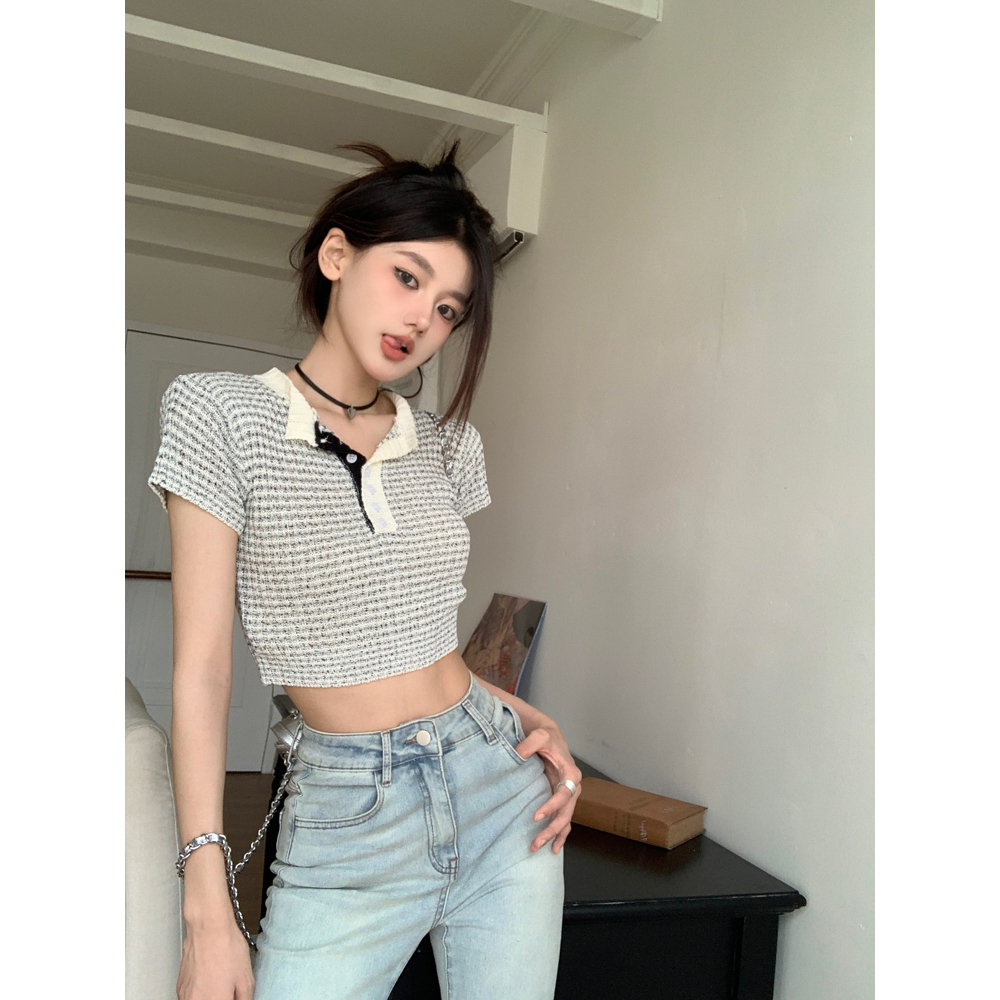 Áo Thun Dệt Kim Tay Ngắn Dáng Ôm Họa Tiết Kẻ Sọc Thời Trang Cho Nữ