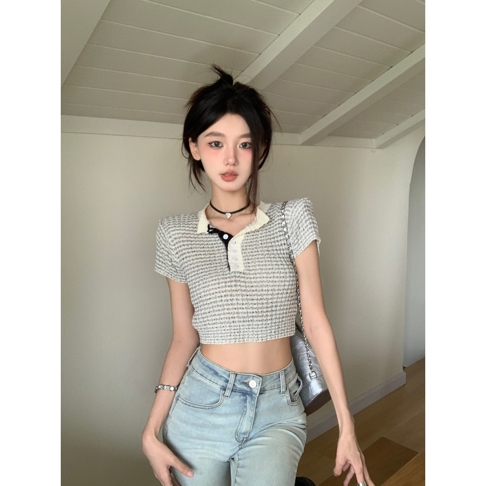 Áo Thun Dệt Kim Tay Ngắn Dáng Ôm Họa Tiết Kẻ Sọc Thời Trang Cho Nữ