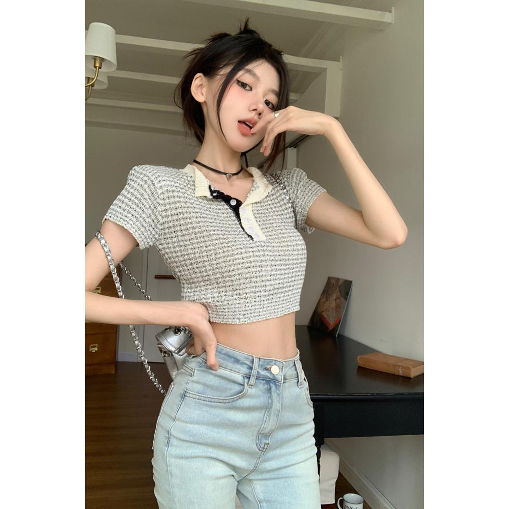 Áo Thun Dệt Kim Tay Ngắn Dáng Ôm Họa Tiết Kẻ Sọc Thời Trang Cho Nữ