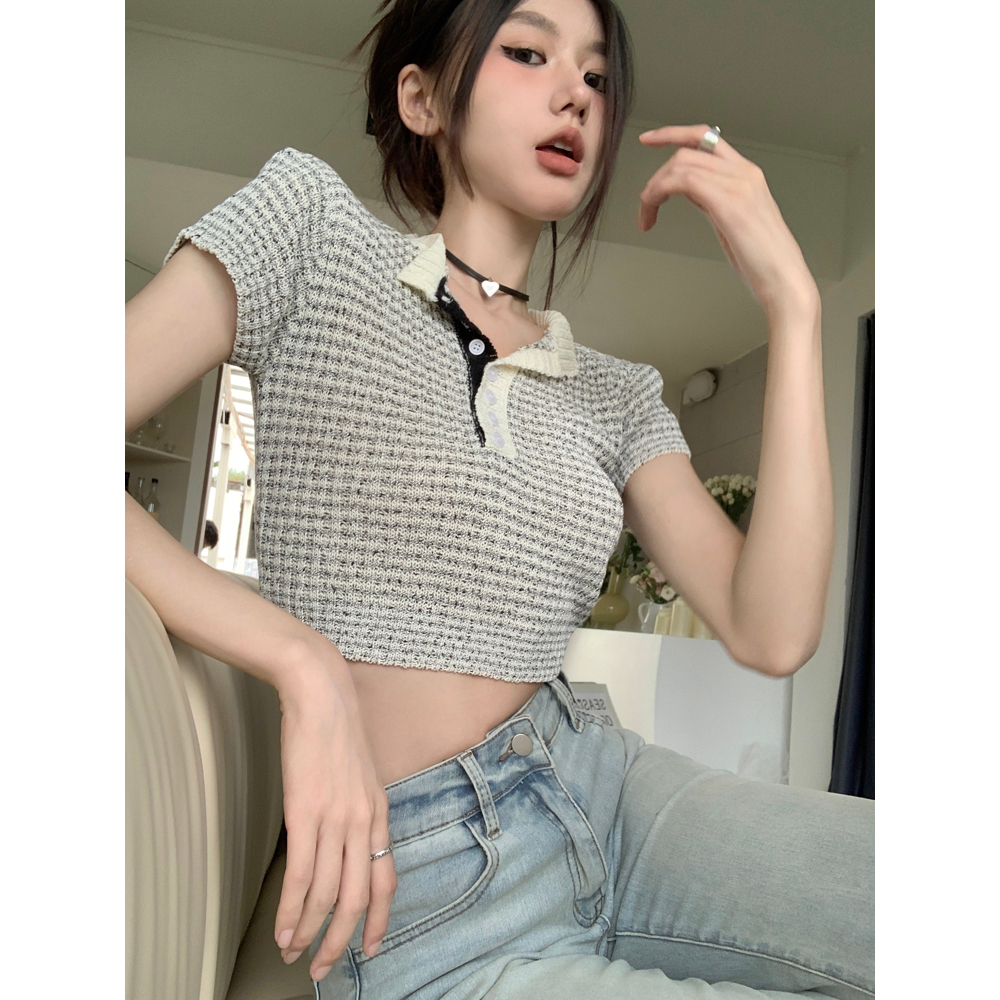 Áo Thun Dệt Kim Tay Ngắn Dáng Ôm Họa Tiết Kẻ Sọc Thời Trang Cho Nữ