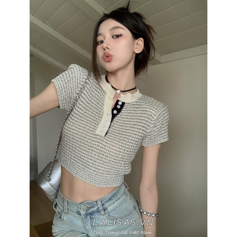 Áo Thun Dệt Kim Tay Ngắn Dáng Ôm Họa Tiết Kẻ Sọc Thời Trang Cho Nữ