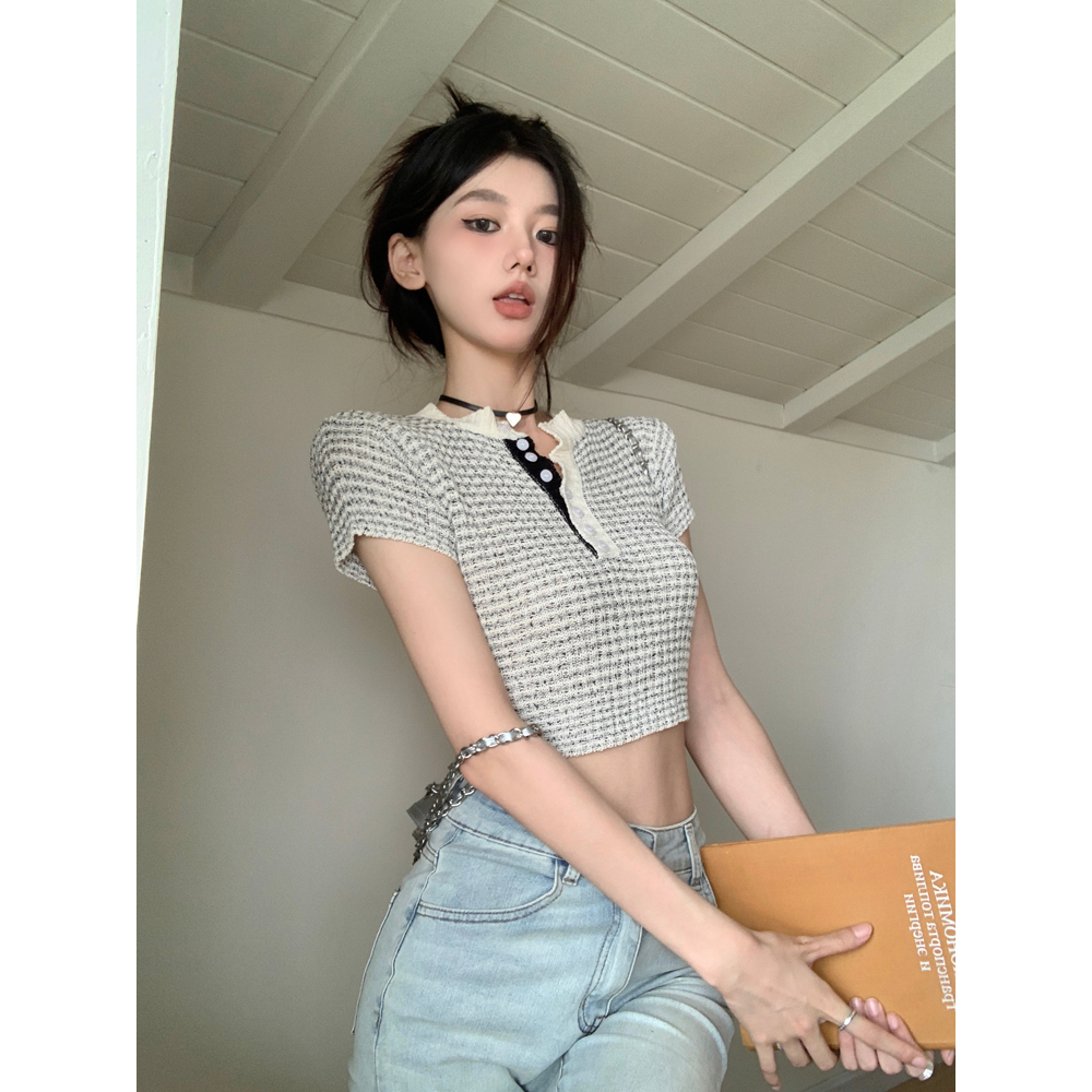 Áo Thun Dệt Kim Tay Ngắn Dáng Ôm Họa Tiết Kẻ Sọc Thời Trang Cho Nữ