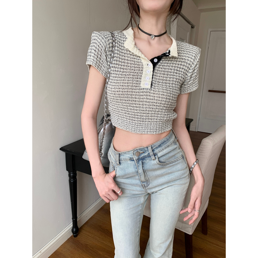 Áo Thun Dệt Kim Tay Ngắn Dáng Ôm Họa Tiết Kẻ Sọc Thời Trang Cho Nữ