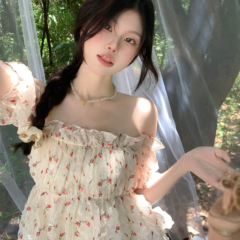 Áo Kiểu Trễ Vai Tay Ngắn Họa Tiết Hoa Thời Trang Mùa Hè Hàn Quốc Cho Nữ