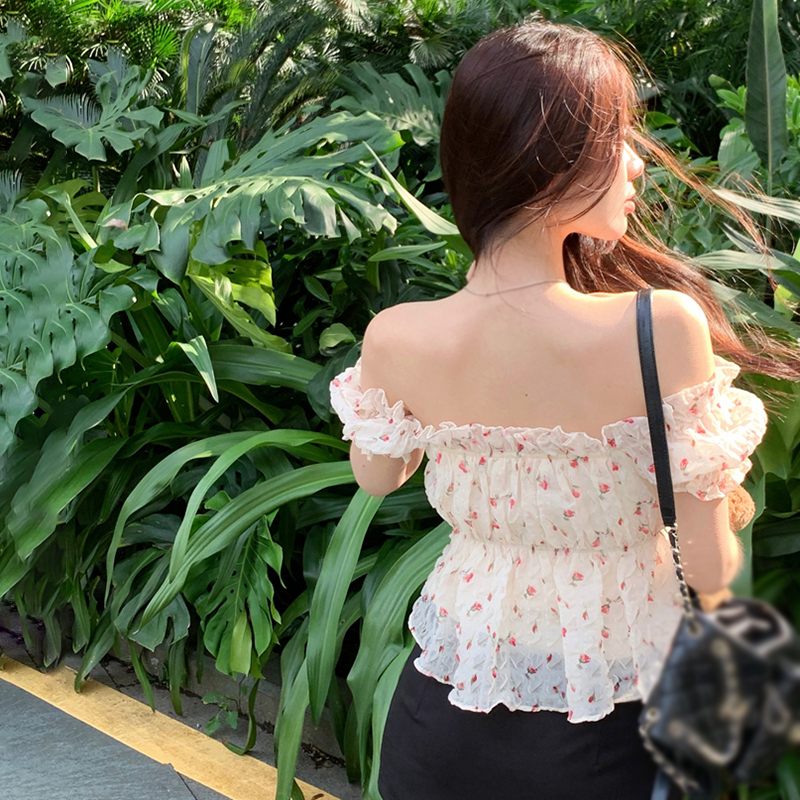 Áo Kiểu Trễ Vai Tay Ngắn Họa Tiết Hoa Thời Trang Mùa Hè Hàn Quốc Cho Nữ