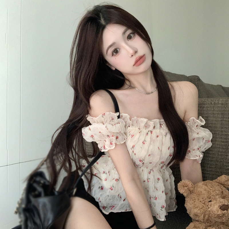 Áo Kiểu Trễ Vai Tay Ngắn Họa Tiết Hoa Thời Trang Mùa Hè Hàn Quốc Cho Nữ