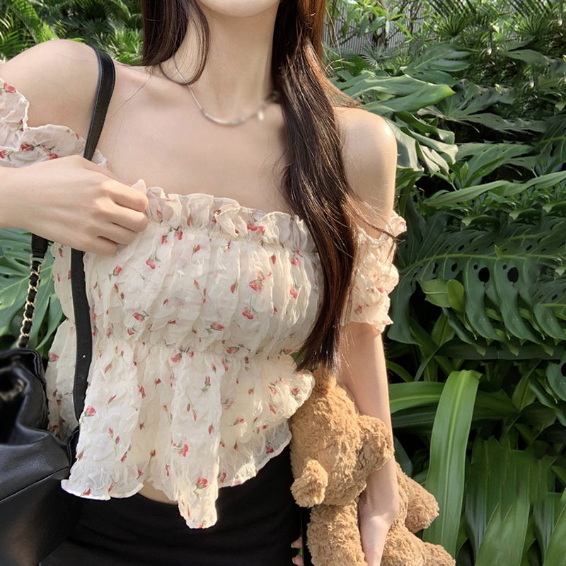 Áo Kiểu Trễ Vai Tay Ngắn Họa Tiết Hoa Thời Trang Mùa Hè Hàn Quốc Cho Nữ