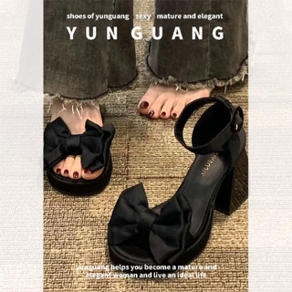 Yunguang Giày Cao Gót Mary Jane Hở Ngón Màu Đen Đế Dày Thắt Nơ Phong Cách Cổ Tích Mùa Hè Cho Nữ