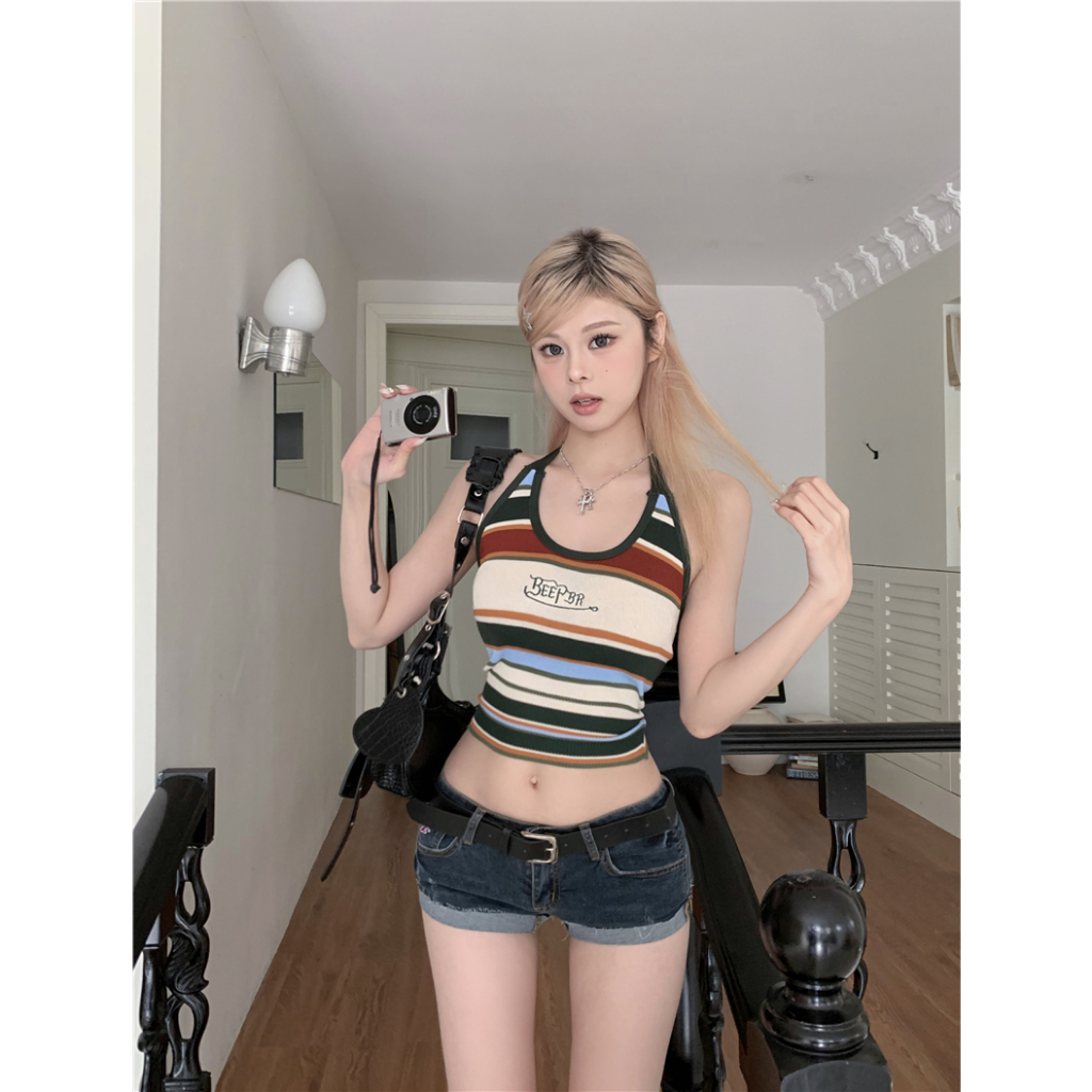 Lalisas Áo Croptop Dệt Kim Hai Dây Ôm Dáng Họa Tiết Kẻ Sọc Nhiều Màu Sắc Sang Trọng Quyến Rũ Cho Nữ