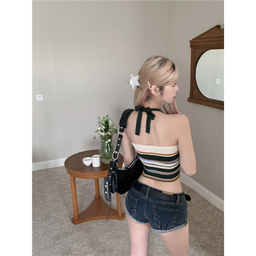 Lalisas Áo Croptop Dệt Kim Hai Dây Ôm Dáng Họa Tiết Kẻ Sọc Nhiều Màu Sắc Sang Trọng Quyến Rũ Cho Nữ