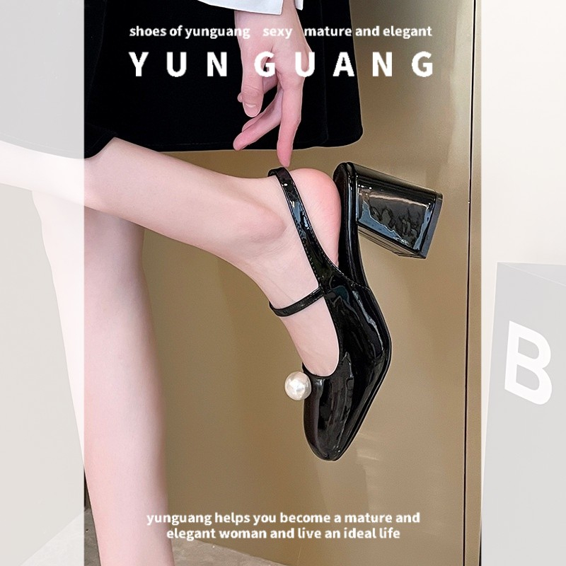 Sandal YUNGUANG cao gót dày hở lưng đính ngọc trai phong cách Pháp cổ điển thanh lịch cho bạn nữ