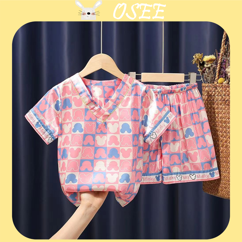 Bộ Đồ Ngủ Lụa Ngắn Tay Cổ Chữ V Họa Tiết hello kitty mickey Ultraman Thời Trang Mùa Hè Cho Bé