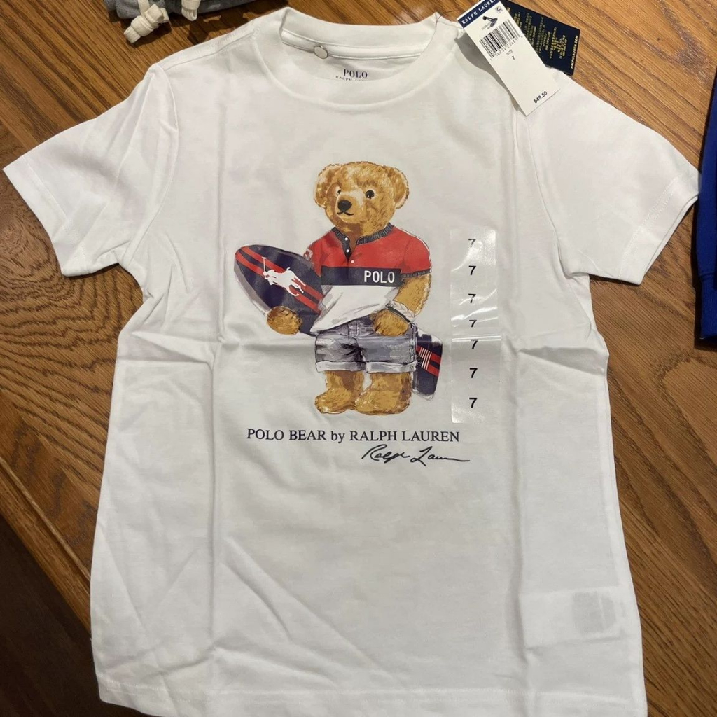 Áo Thun Cotton Tay Ngắn In Hình Gấu Lướt Sóng Ralph Lauren Cá Tính Cho Nam