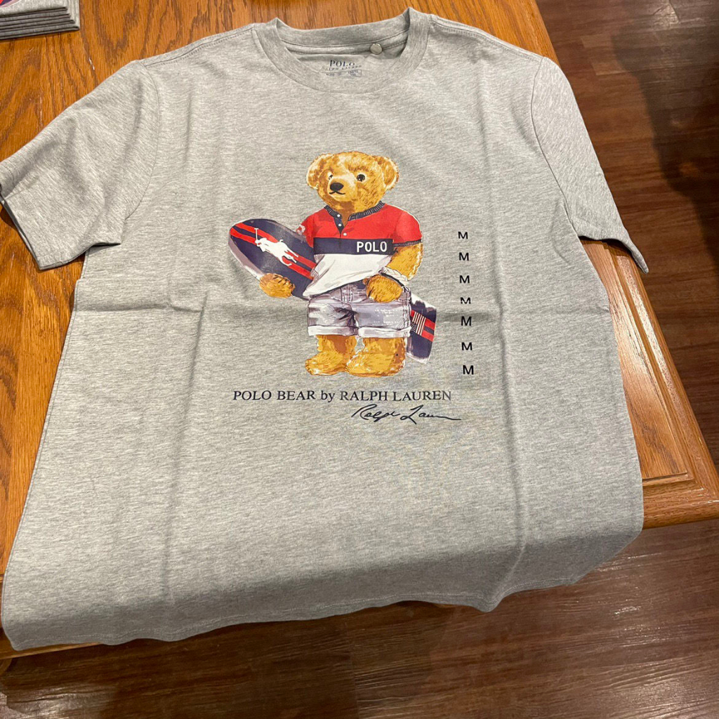 Áo Thun Cotton Tay Ngắn In Hình Gấu Lướt Sóng Ralph Lauren Cá Tính Cho Nam