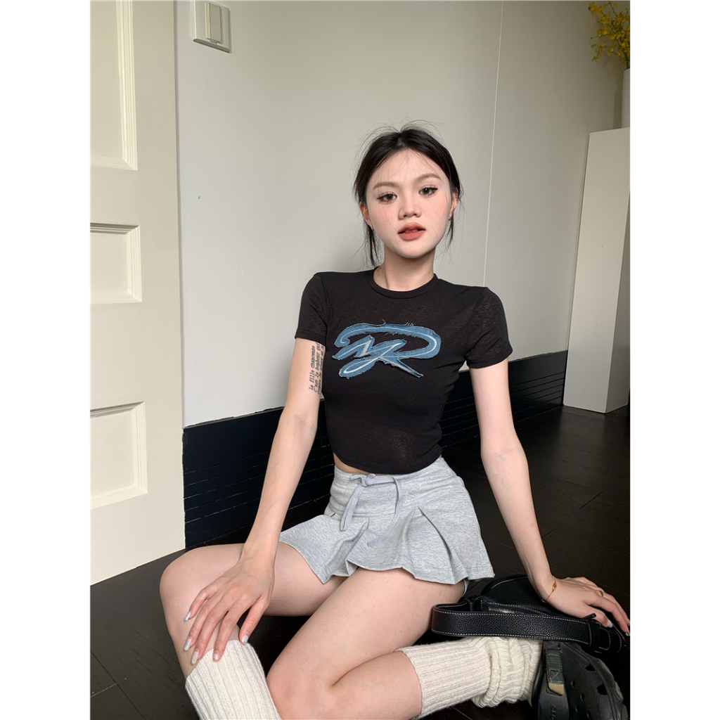 Cocory vn Áo Thun denim Ngắn Tay Dáng Ôm Phong Cách retro Mỹ Cho Nữ