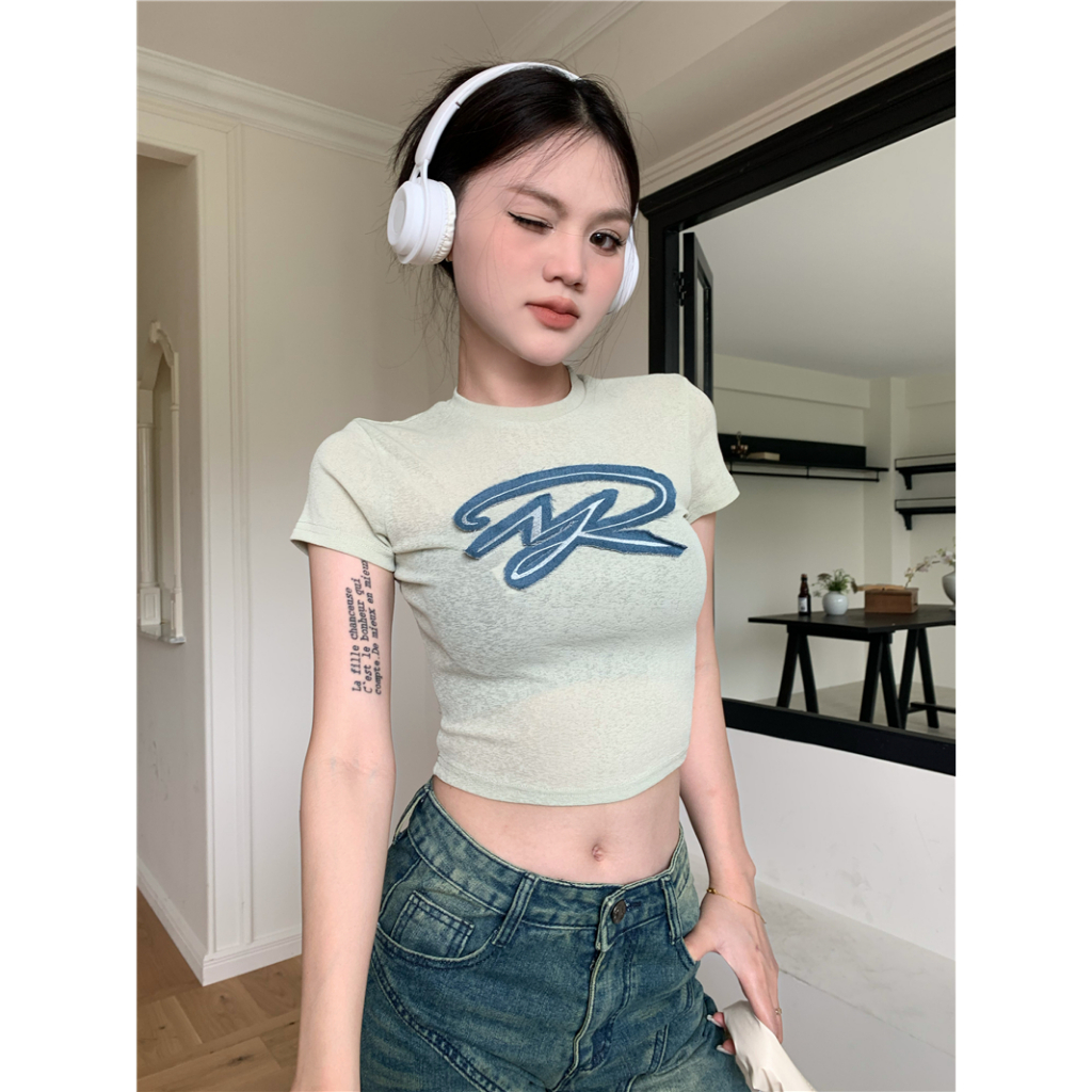 Cocory vn Áo Thun denim Ngắn Tay Dáng Ôm Phong Cách retro Mỹ Cho Nữ