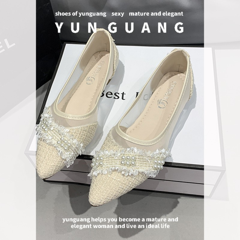 Giày búp bê YUNGUANG đế bằng mũi nhọn phối lưới thoáng khí phong cách Hàn Quốc thời trang mùa hè cho nữ