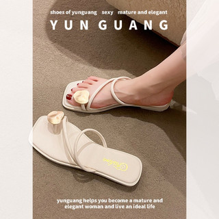 Dép YUNGUANG mũi vuông đế bằng phối khóa kim loại đơn giản thời trang cho nữ