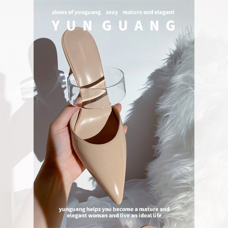 Yunguang Giày Cao Gót Sandal Bằng Da Bóng Gót Mỏng Trong Suốt Một Mảnh