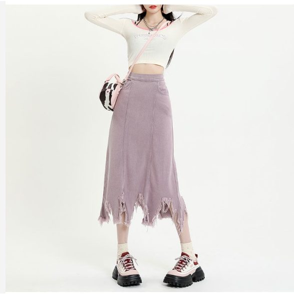 Jiashucheng Chân Váy Denim Chữ A Lưng Cao Màu Tím Thời Trang Xuân Hè Mới Cho Nữ