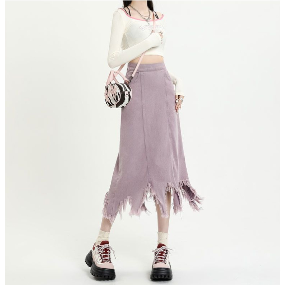 Jiashucheng Chân Váy Denim Chữ A Lưng Cao Màu Tím Thời Trang Xuân Hè Mới Cho Nữ