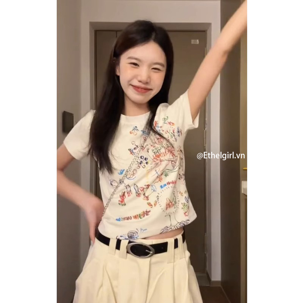 Ethelgirl Áo Thun Tay Ngắn Dáng Ôm In Họa Tiết Hoạt Hình Phong Cách Hàn Quốc Thời Trang Cho Nữ