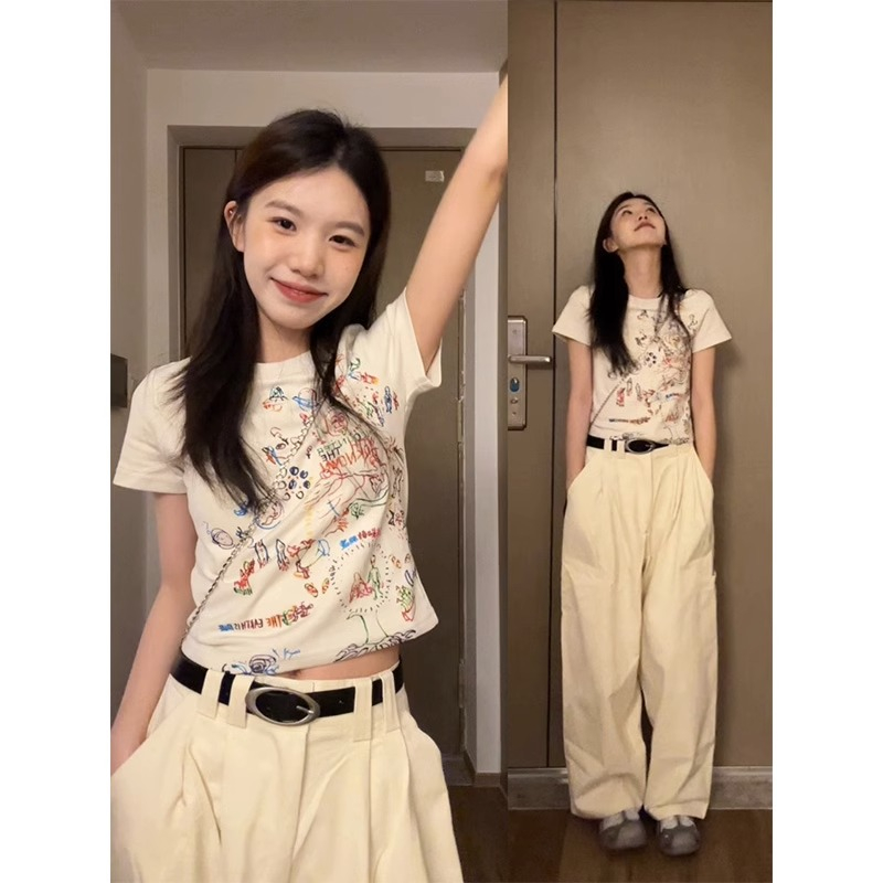 Ethelgirl Áo Thun Tay Ngắn Dáng Ôm In Họa Tiết Hoạt Hình Phong Cách Hàn Quốc Thời Trang Cho Nữ