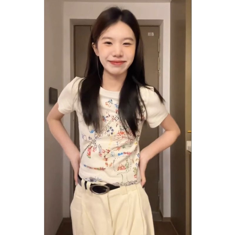 Ethelgirl Áo Thun Tay Ngắn Dáng Ôm In Họa Tiết Hoạt Hình Phong Cách Hàn Quốc Thời Trang Cho Nữ