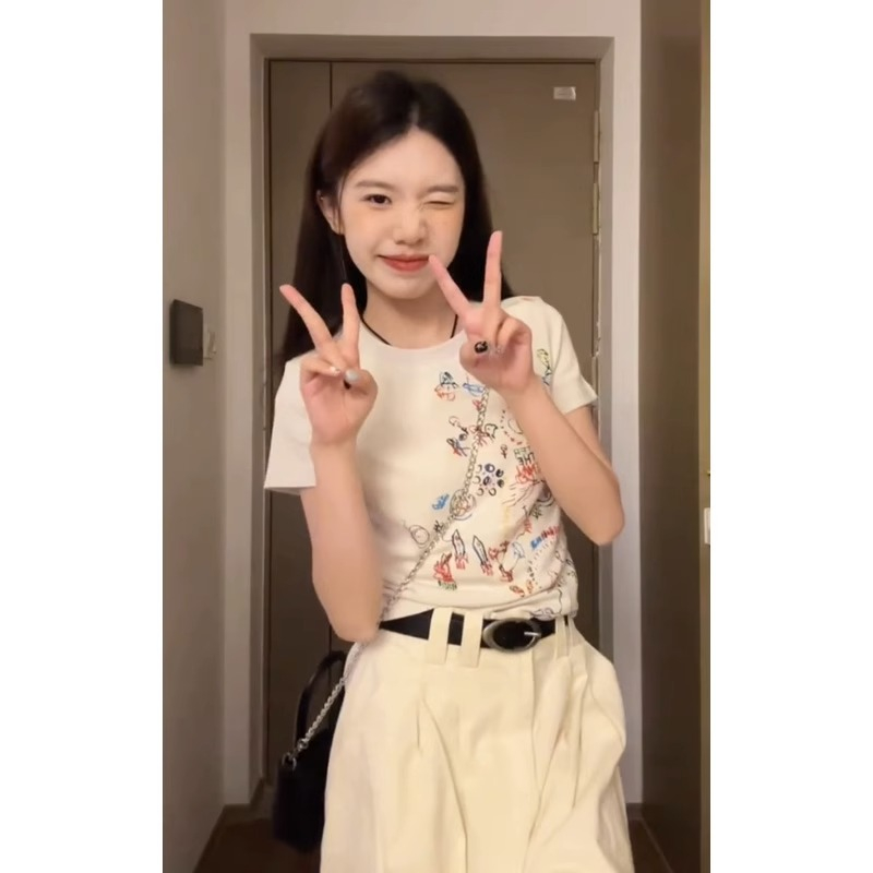 Ethelgirl Áo Thun Tay Ngắn Dáng Ôm In Họa Tiết Hoạt Hình Phong Cách Hàn Quốc Thời Trang Cho Nữ