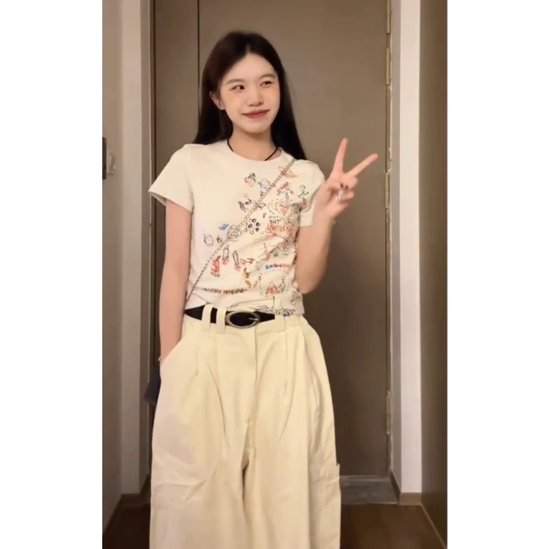 Ethelgirl Áo Thun Tay Ngắn Dáng Ôm In Họa Tiết Hoạt Hình Phong Cách Hàn Quốc Thời Trang Cho Nữ