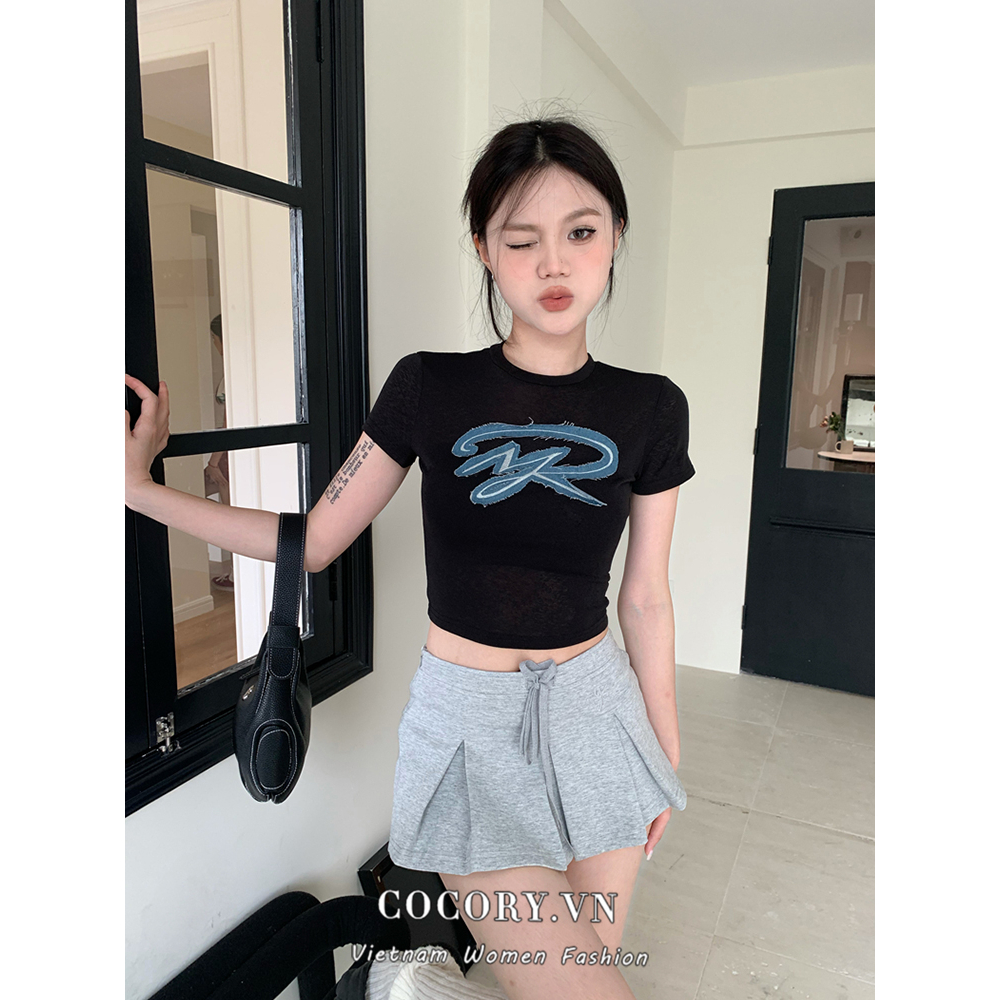 Cocory vn Áo Thun denim Ngắn Tay Dáng Ôm Phong Cách retro Mỹ Cho Nữ