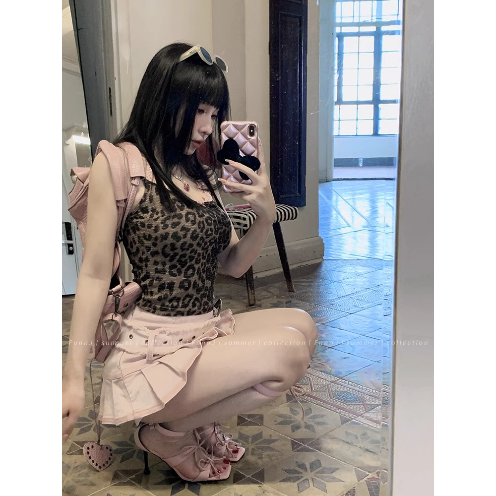 Cocory vn Áo Croptop Hai Dây Phối Ren Họa Tiết Da Báo Quyến Rũ Thời Trang Cho Nữ