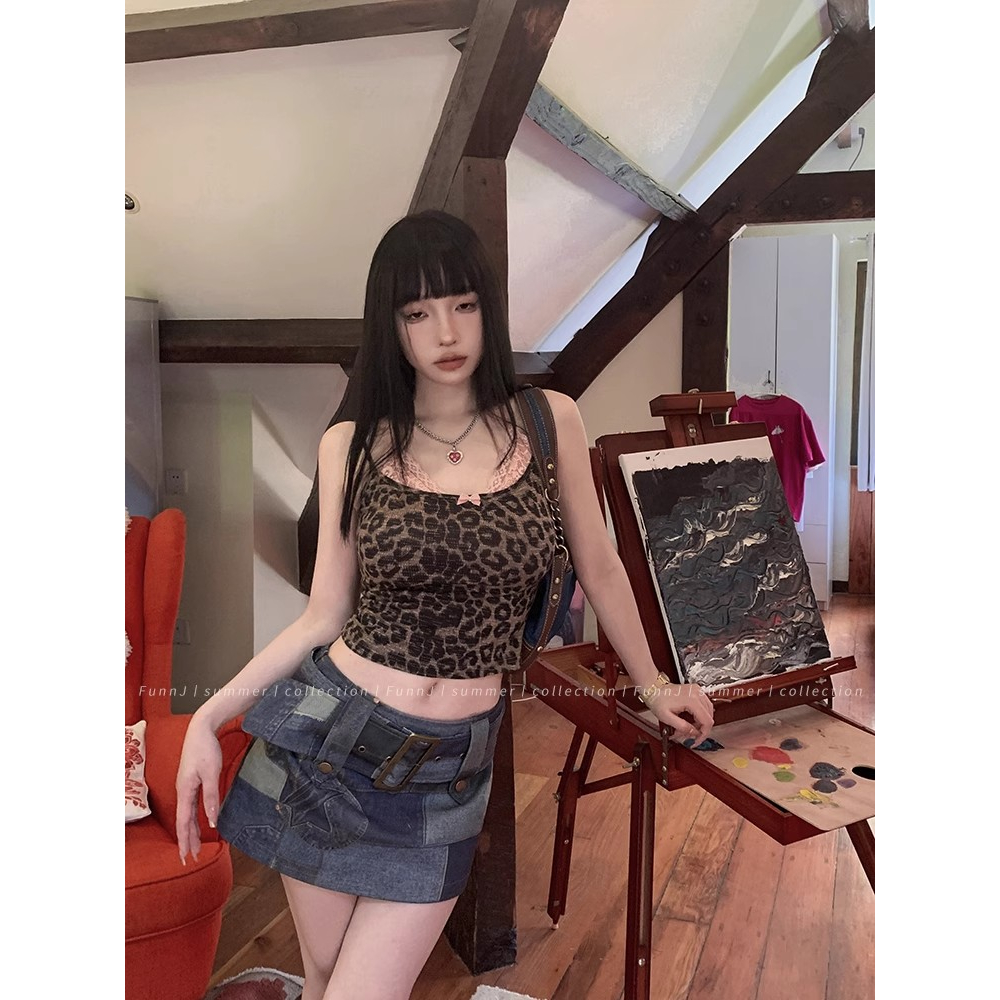 Cocory vn Áo Croptop Hai Dây Phối Ren Họa Tiết Da Báo Quyến Rũ Thời Trang Cho Nữ