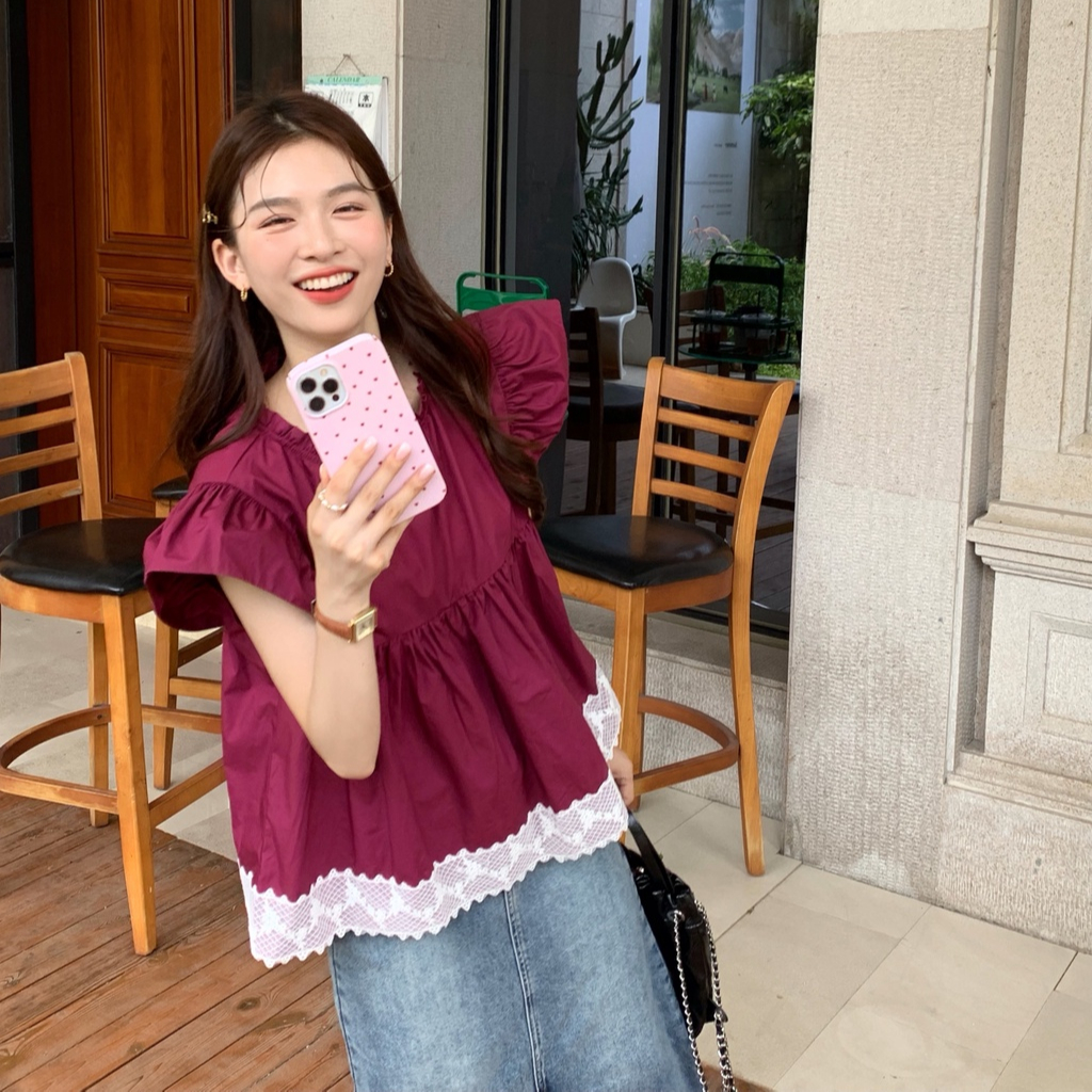 Áo Kiểu Cổ Tròn Dáng Rộng Phối Ren Màu Đỏ Phong Cách Retro 65089