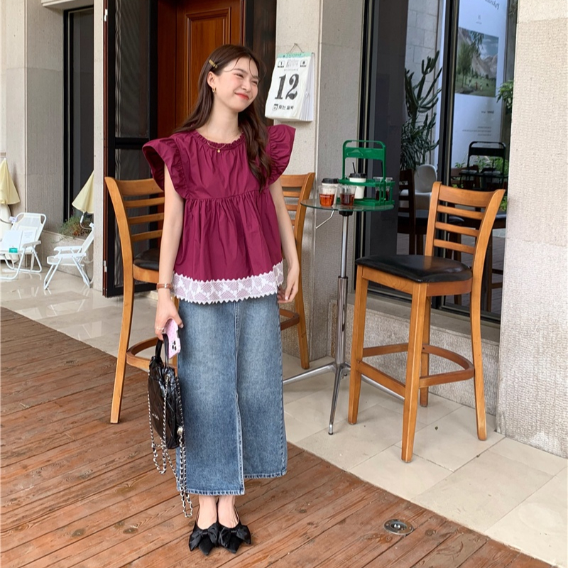 Áo Kiểu Cổ Tròn Dáng Rộng Phối Ren Màu Đỏ Phong Cách Retro 65089