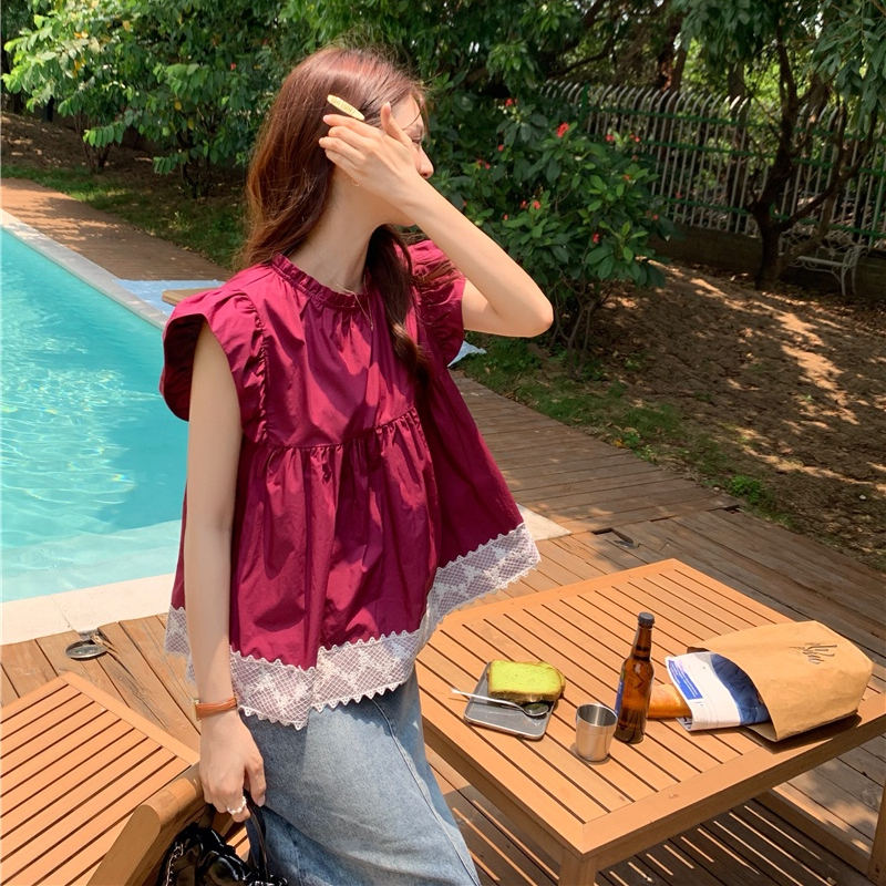 Áo Kiểu Cổ Tròn Dáng Rộng Phối Ren Màu Đỏ Phong Cách Retro 65089