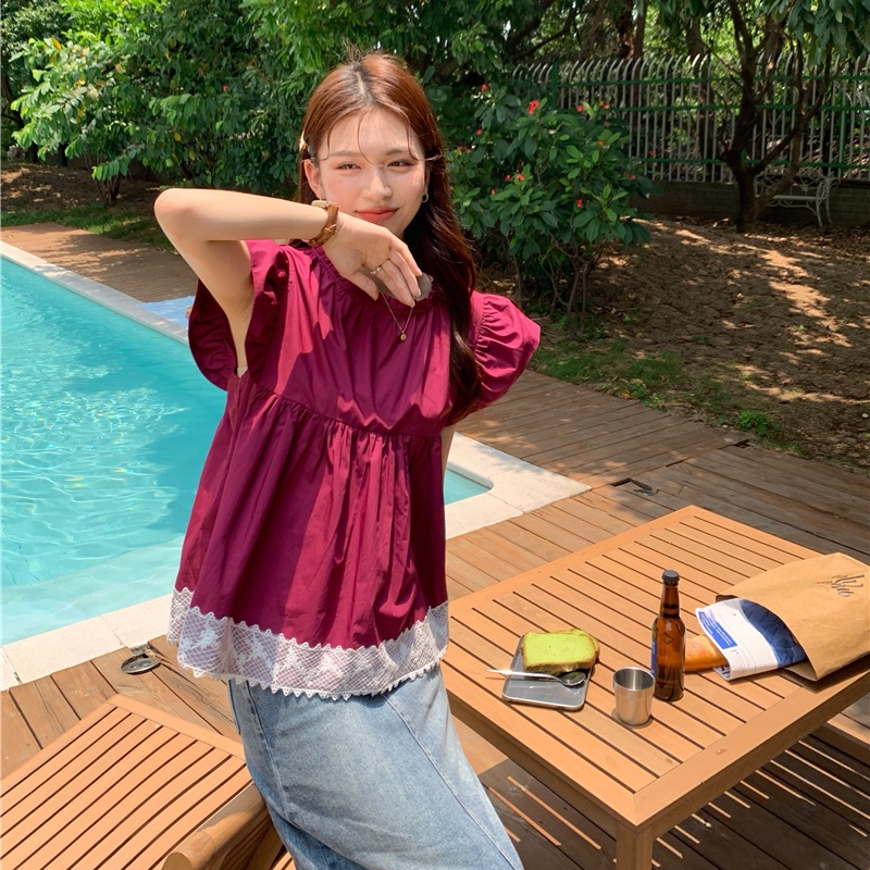 Áo Kiểu Cổ Tròn Dáng Rộng Phối Ren Màu Đỏ Phong Cách Retro 65089