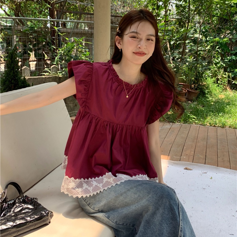 Áo Kiểu Cổ Tròn Dáng Rộng Phối Ren Màu Đỏ Phong Cách Retro 65089