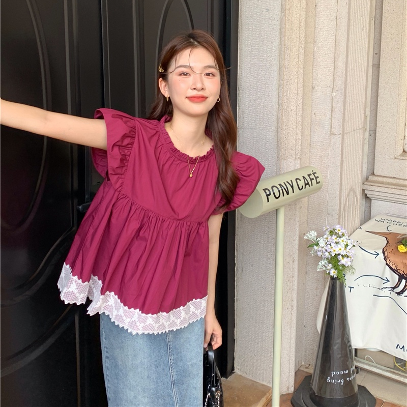 Áo Kiểu Cổ Tròn Dáng Rộng Phối Ren Màu Đỏ Phong Cách Retro 65089