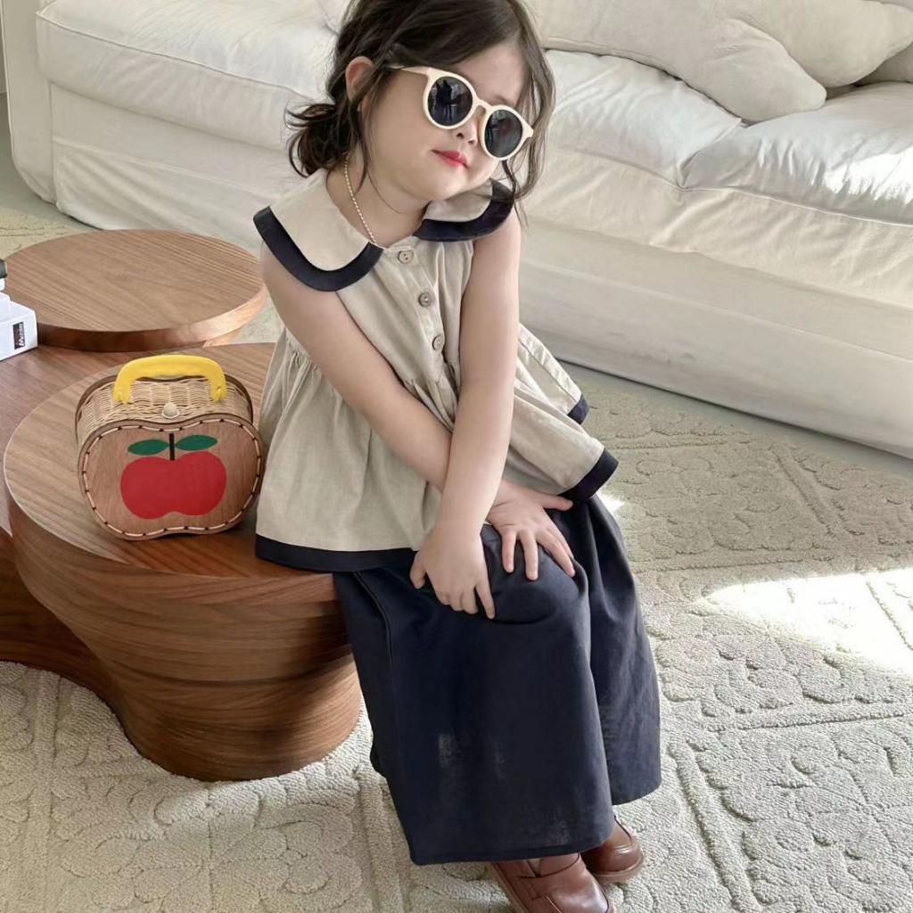 Bộ Áo Cotton Lanh Búp Bê + Quần Ống Rộng Màu Đen Phong Cách Phương Tây Thời Trang Mùa Hè Cho Bé Gái