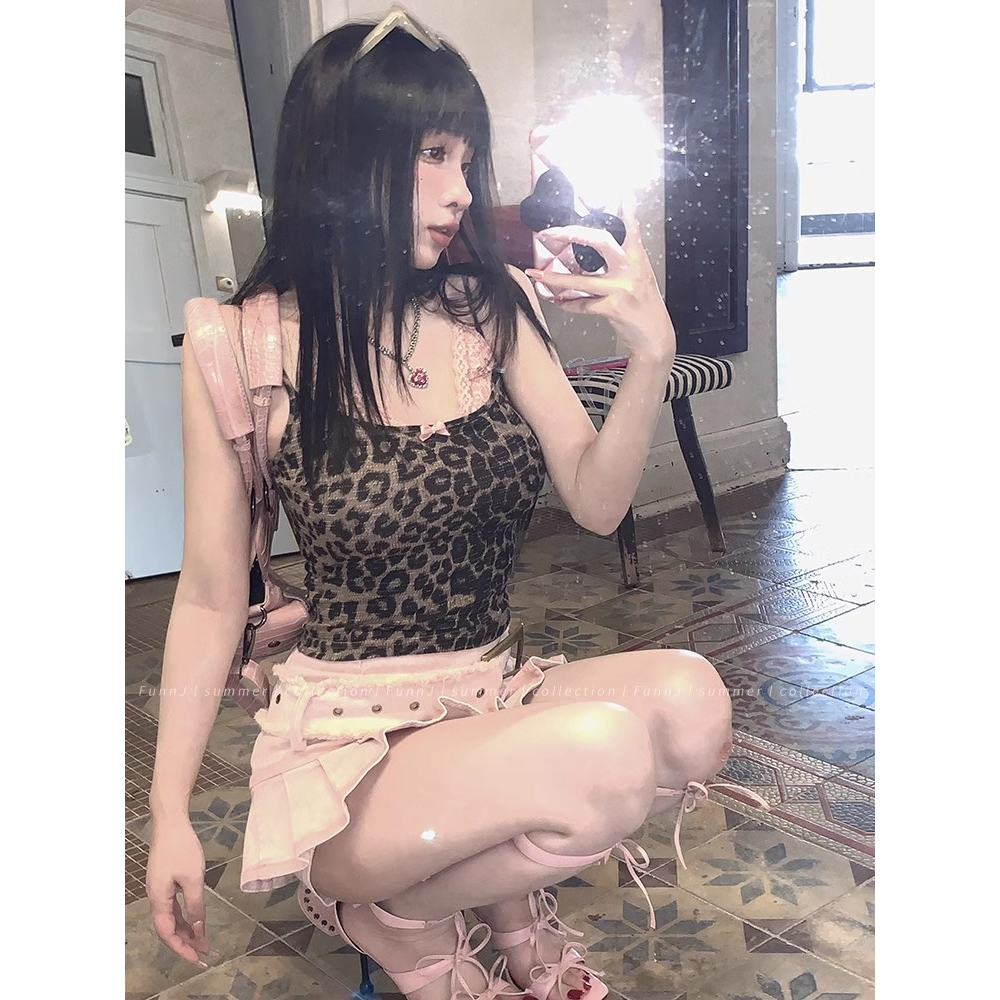 Cocory vn Áo Croptop Hai Dây Phối Ren Họa Tiết Da Báo Quyến Rũ Thời Trang Cho Nữ